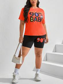 Slaydiva 大碼字母圖案落肩T恤和騎行褲 - 橘色 - 查看 5