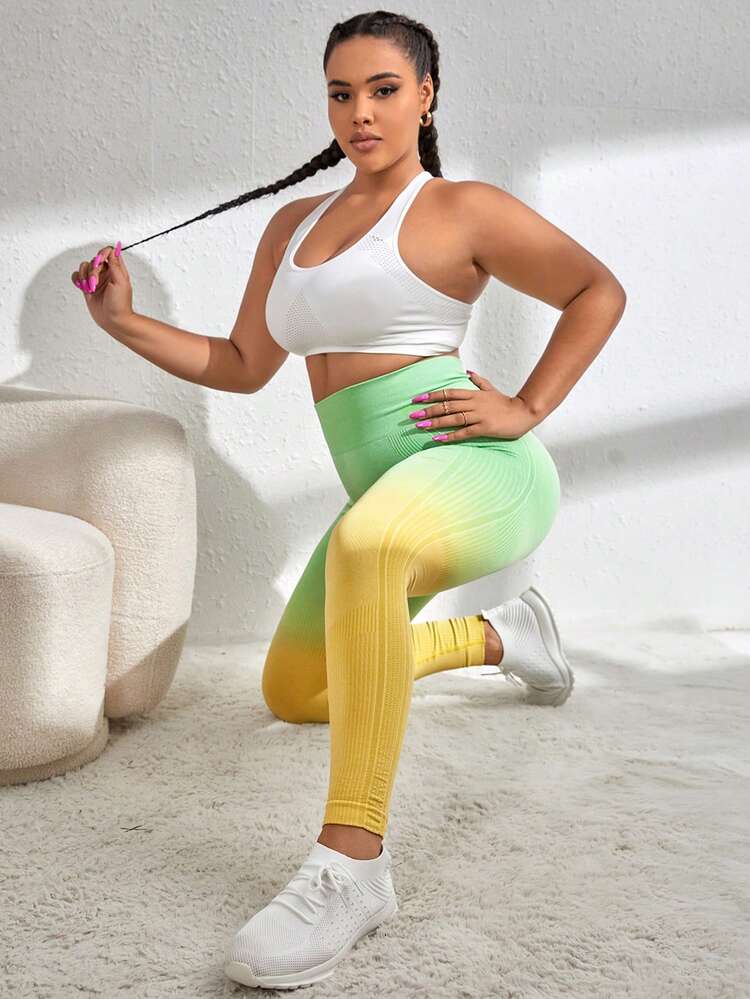 Yoga Trendy 大碼漸變圖案寬腰帶運動打底褲 - 芥末黃 - 查看 2