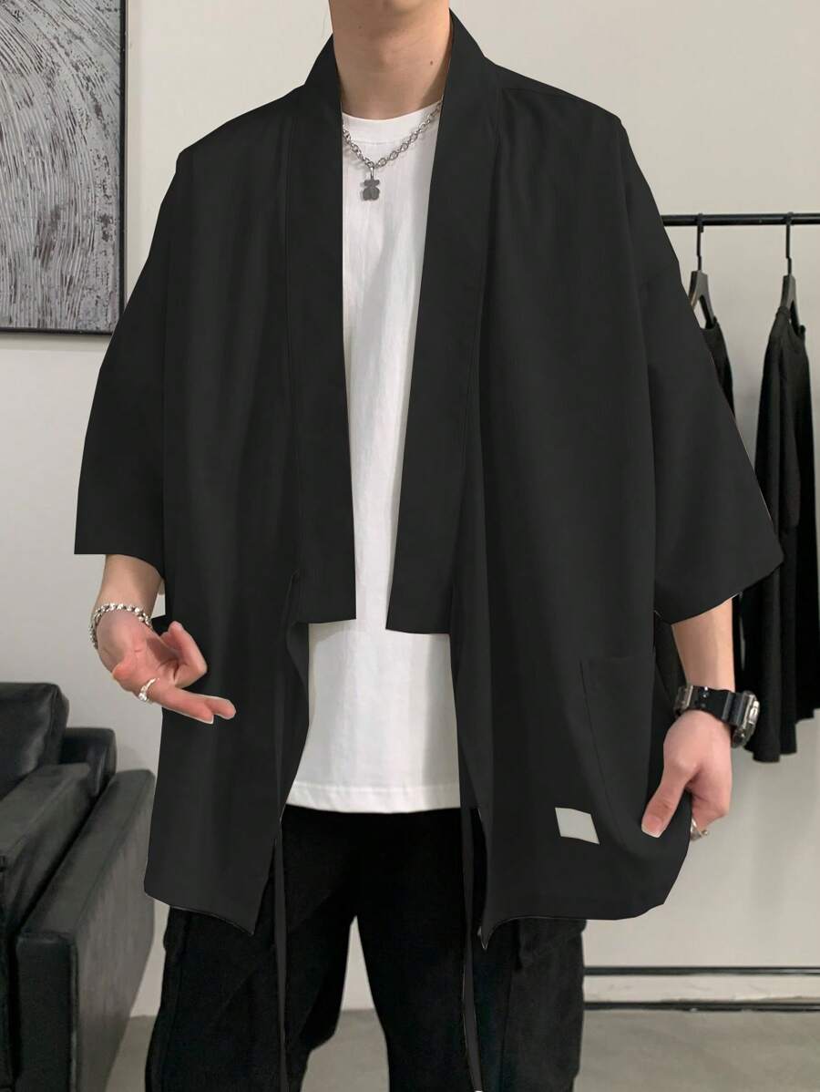 Manfinity Hypemode Lỏng lẻo Nam Kimono Với Vá lại Đồ trang trí , Túi Kép Và Thả vai Thiết kế - màu đen - Xem 1