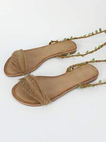女士編織細節樹葉裝飾腿部繫帶設計條帶度假夏天平底涼鞋 - 杏色 - 查看 3