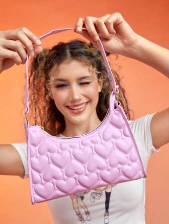 Anime Bolso baguette pequeño dulce con corazón en relieve cremallera para laboral