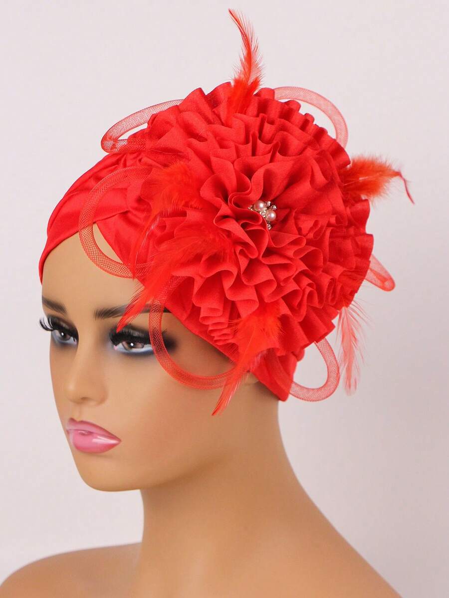 1 chiếc khăn quấn đầu thời trang cho nữ trang trí hoa - Đỏ - Xem 1