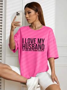 SHEIN EZwear Slogan Graphic Drop Shoulder Tee - Hot Pink - View 1