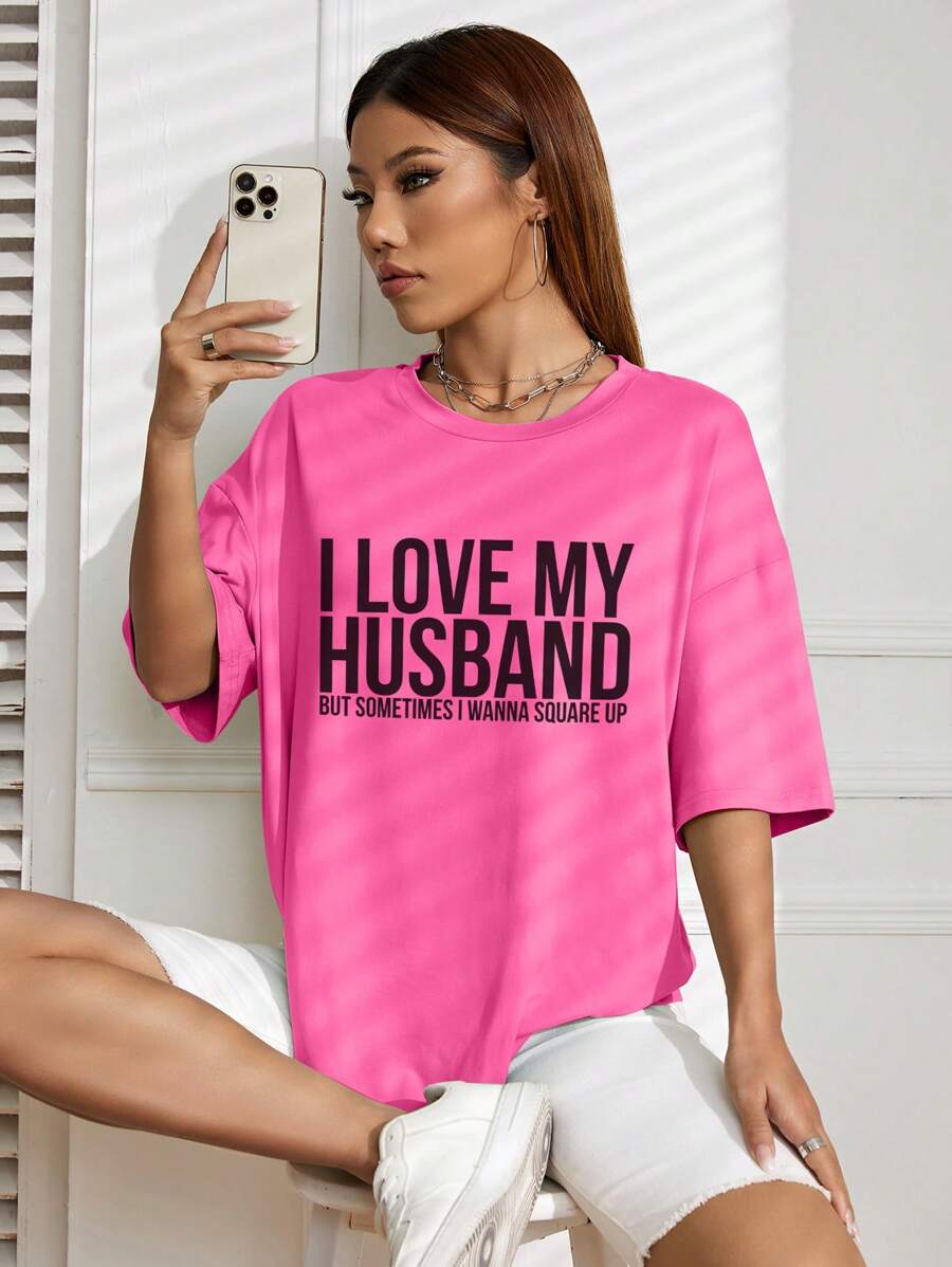 SHEIN EZwear Slogan Graphic Drop Shoulder Tee - Hot Pink - View 1