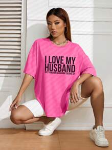SHEIN EZwear Slogan Graphic Drop Shoulder Tee - Hot Pink - View 3