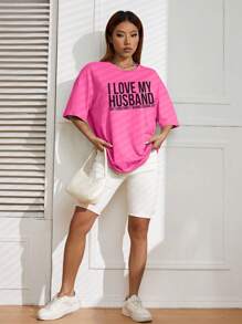 SHEIN EZwear Slogan Graphic Drop Shoulder Tee - Hot Pink - View 5