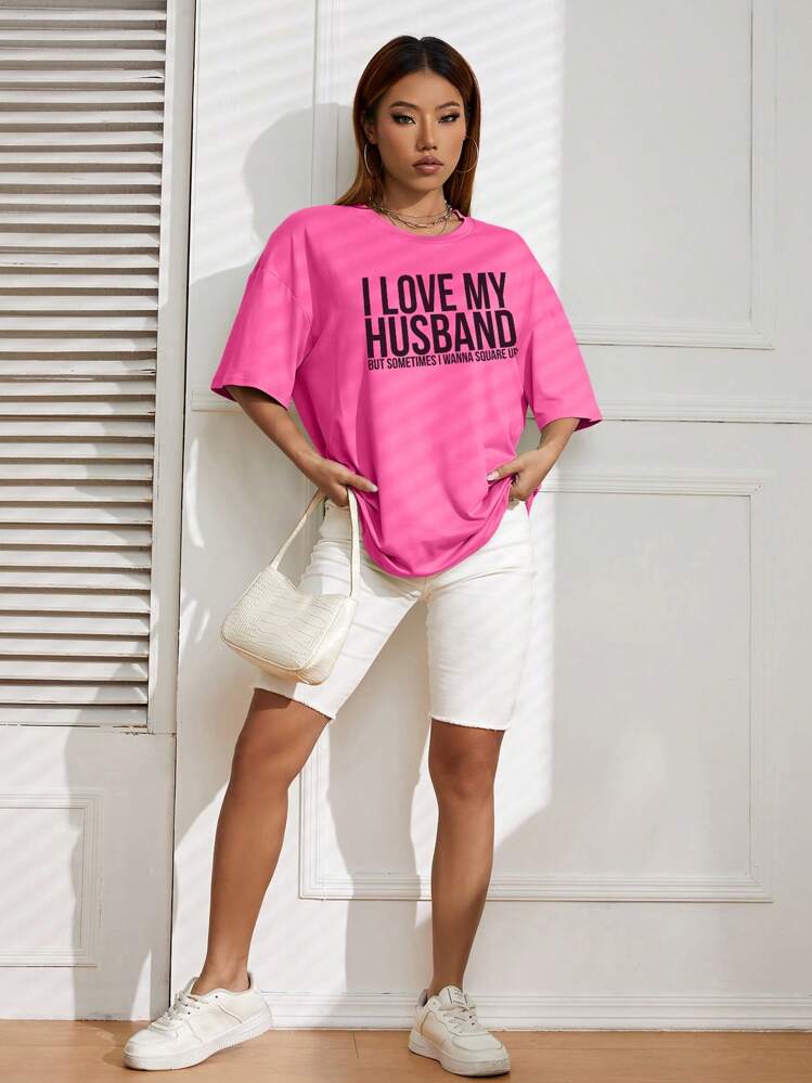SHEIN EZwear Slogan Graphic Drop Shoulder Tee - Hot Pink - View 5