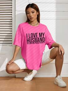 SHEIN EZwear Slogan Graphic Drop Shoulder Tee - Hot Pink - View 6