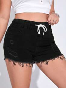 SHEIN EZwear Plus Drawstring Waist Ripped Raw Cut Denim Shorts - Black - View 1