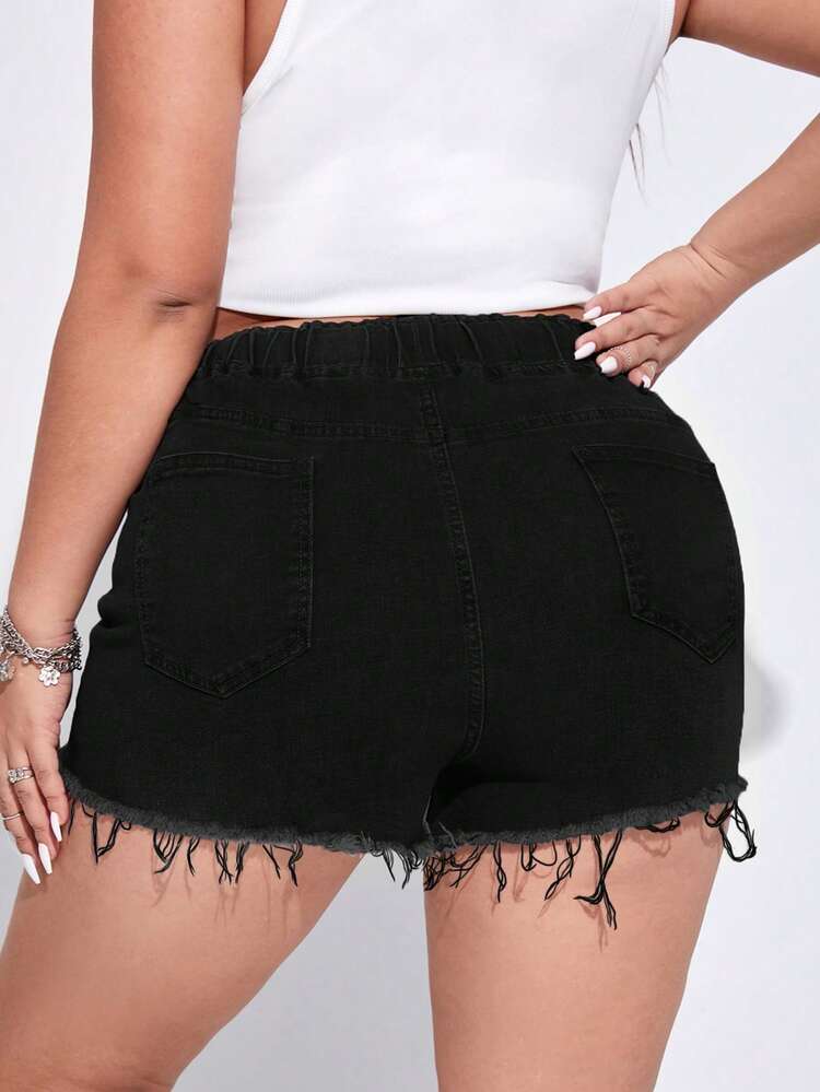 Plus Drawstring Waist Ripped Raw Cut Denim Shorts