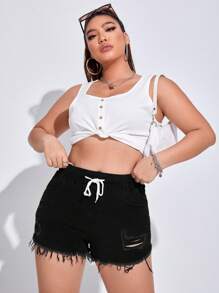 SHEIN EZwear Plus Drawstring Waist Ripped Raw Cut Denim Shorts - Black - View 3