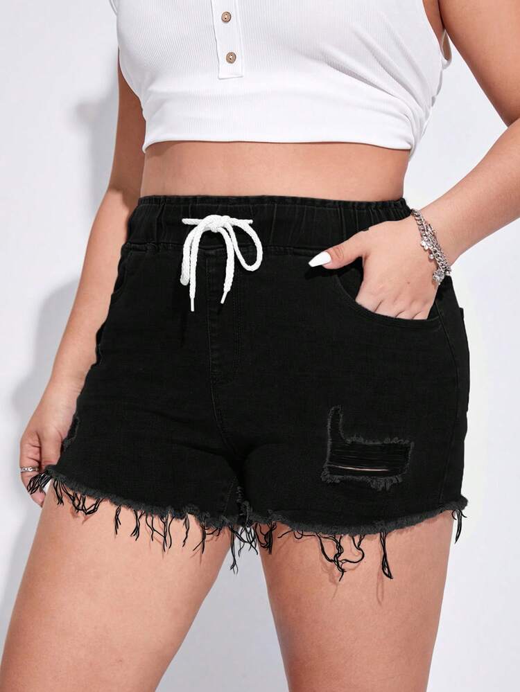 Plus Drawstring Waist Ripped Raw Cut Denim Shorts