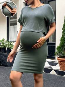 SHEIN Maternidad Camiseta de manga murciélago & Vestido amamantamiento - Verde Oscuro - Ver 3