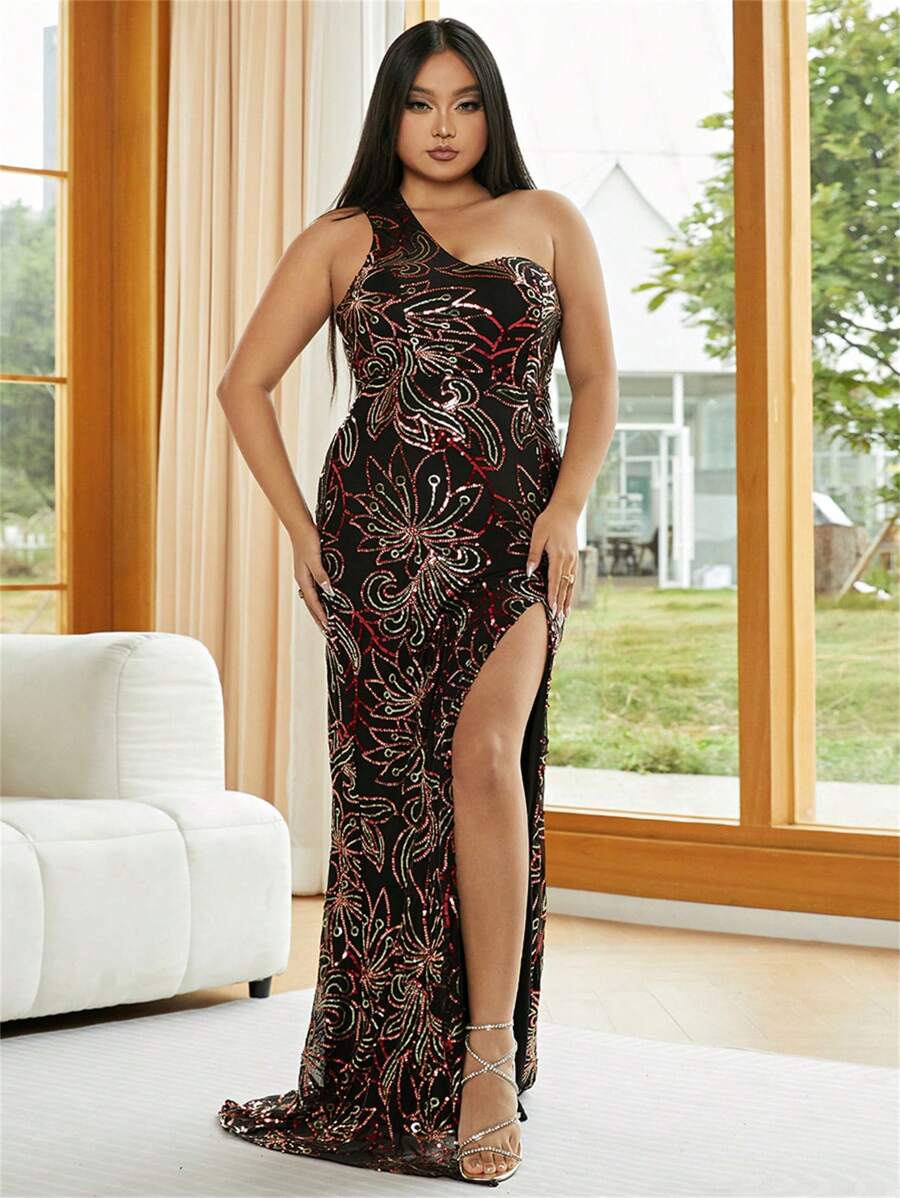 seomiscky Đầm Plus Size ghép mộng kim sa Dây kéo Tách cao Hoa Buổi tiệc - màu đen - Xem 1