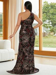 seomiscky Đầm Plus Size ghép mộng kim sa Dây kéo Tách cao Hoa Buổi tiệc - màu đen - Xem 2