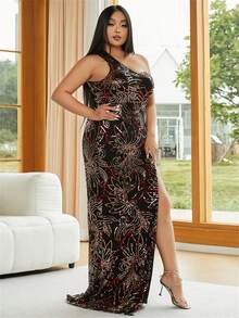 seomiscky Đầm Plus Size ghép mộng kim sa Dây kéo Tách cao Hoa Buổi tiệc - màu đen - Xem 3