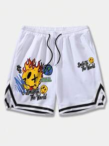 ROMWE MEN Street Life Heren Cartoon & Letter Grafisch Gestreepte Trim Trekkoord Taille Basketbal Shorts, School