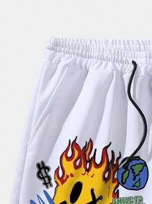 ROMWE MEN Street Life Heren Cartoon & Letter Grafisch Gestreepte Trim Trekkoord Taille Basketbal Shorts, School