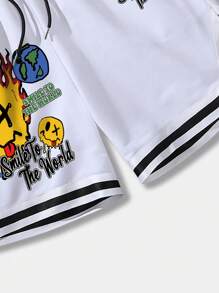 ROMWE MEN Street Life Heren Cartoon & Letter Grafisch Gestreepte Trim Trekkoord Taille Basketbal Shorts, School