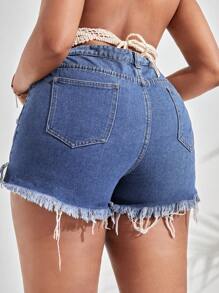 SHEIN SXY 大碼破洞毛邊緣牛仔短褲 - 中等水洗藍 - 查看 2