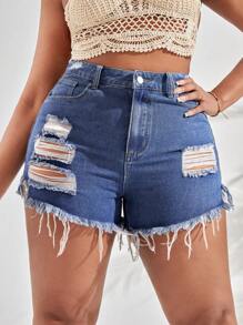 SHEIN SXY 大碼破洞毛邊緣牛仔短褲 - 中等水洗藍 - 查看 4