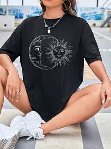 SHEIN EZwear 日月圖案落肩T恤 - 黑色 - 查看 1