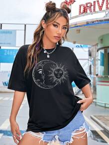 SHEIN EZwear 日月圖案落肩T恤 - 黑色 - 查看 3