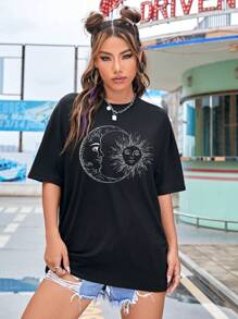 SHEIN EZwear 日月圖案落肩T恤 - 黑色 - 查看 4