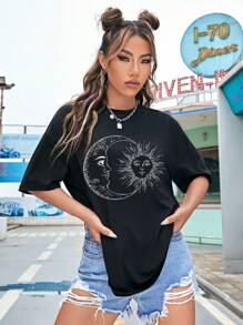 SHEIN EZwear 日月圖案落肩T恤 - 黑色 - 查看 5