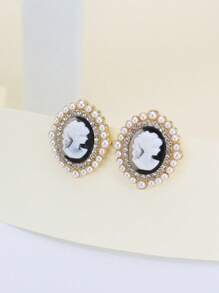 人像細節橢圓形耳釘 - 彩色 - 查看 2