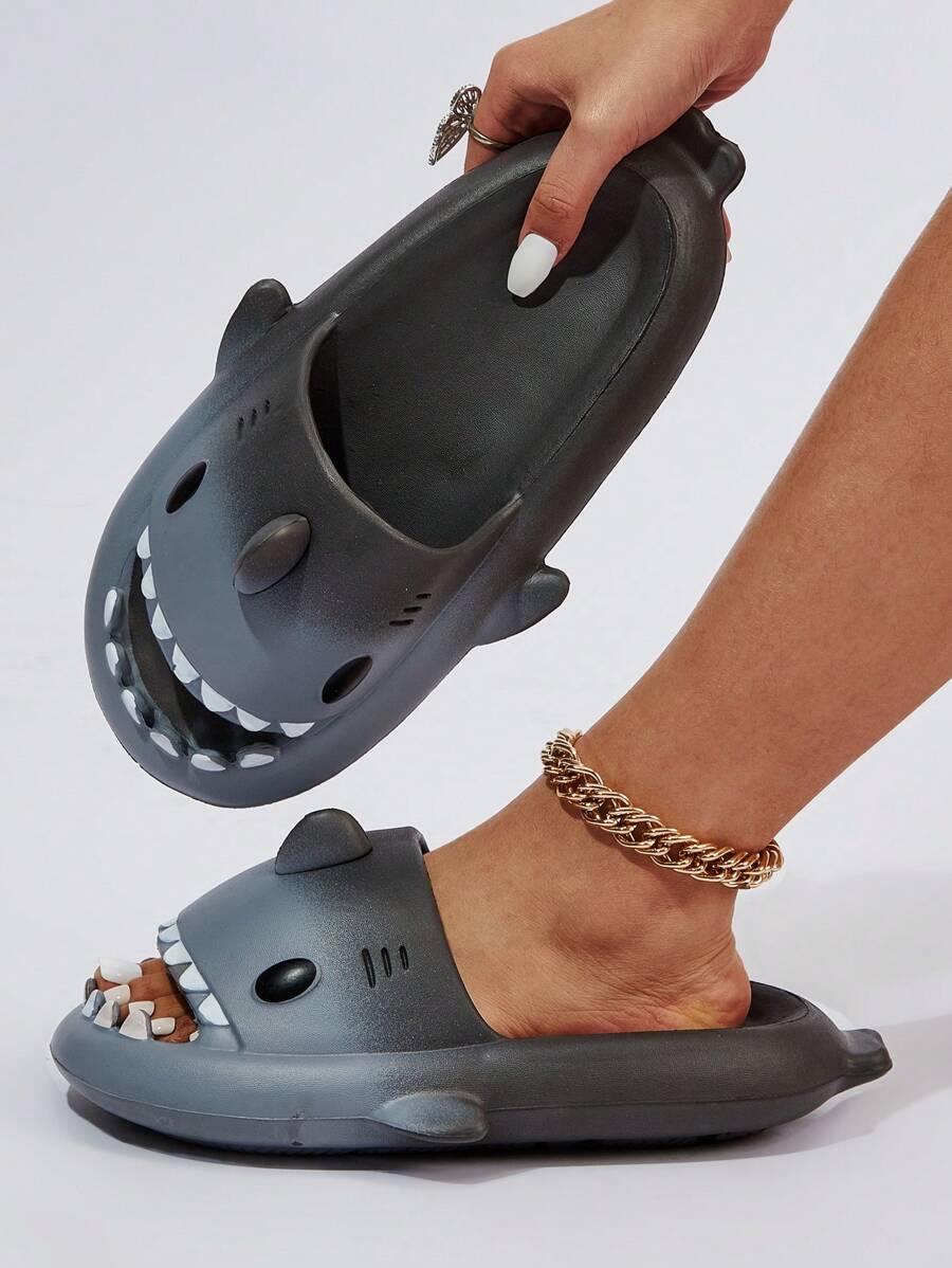 Fashionable Slides For Women, Ombre Pattern Cartoon Shark Design Single Band Indoor Slippers - Black and White - View 1