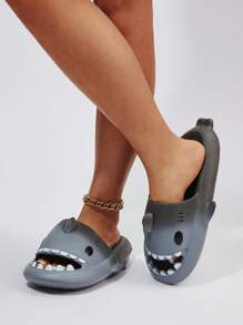Fashionable Slides For Women, Ombre Pattern Cartoon Shark Design Single Band Indoor Slippers - Black and White - View 2