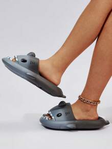 Fashionable Slides For Women, Ombre Pattern Cartoon Shark Design Single Band Indoor Slippers - Black and White - View 3