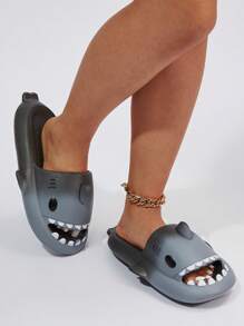 Fashionable Slides For Women, Ombre Pattern Cartoon Shark Design Single Band Indoor Slippers - Black and White - View 5