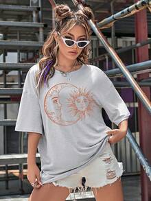 SHEIN EZwear 日月圖案落肩T恤 - 淺灰色 - 查看 4