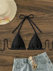 環鏈吊脖三角杯比基尼上衣 - 黑色 - 查看 1