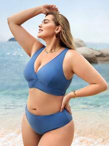 SHEIN Swim Curve Plus Size Solid High Waisted Bikini Set Summer Beach - Dusty Blue - View 6
