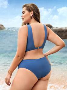 SHEIN Swim Curve Plus Size Solid High Waisted Bikini Set Summer Beach - Dusty Blue - View 3