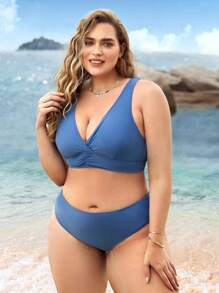 SHEIN Swim Curve Plus Size Solid High Waisted Bikini Set Summer Beach - Dusty Blue - View 2