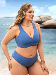 SHEIN Swim Curve Plus Size Solid High Waisted Bikini Set Summer Beach - Dusty Blue - View 7