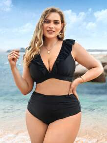 SHEIN Swim Curve 大尺碼波浪邊口紅比基尼設置夏季海灘 - 黑色 - 查看 1
