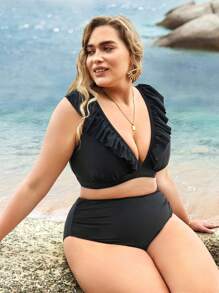 SHEIN Swim Curve 大尺碼波浪邊口紅比基尼設置夏季海灘 - 黑色 - 查看 6