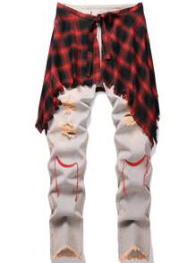 Men Embroidery Detail Ripped Frayed Jeans - Light Wash - View 1