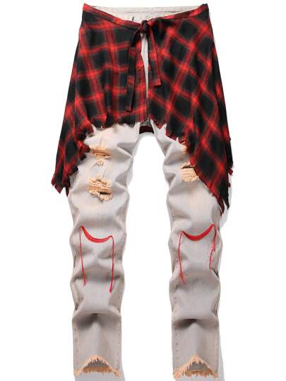 Men Embroidery Detail Ripped Frayed Jeans