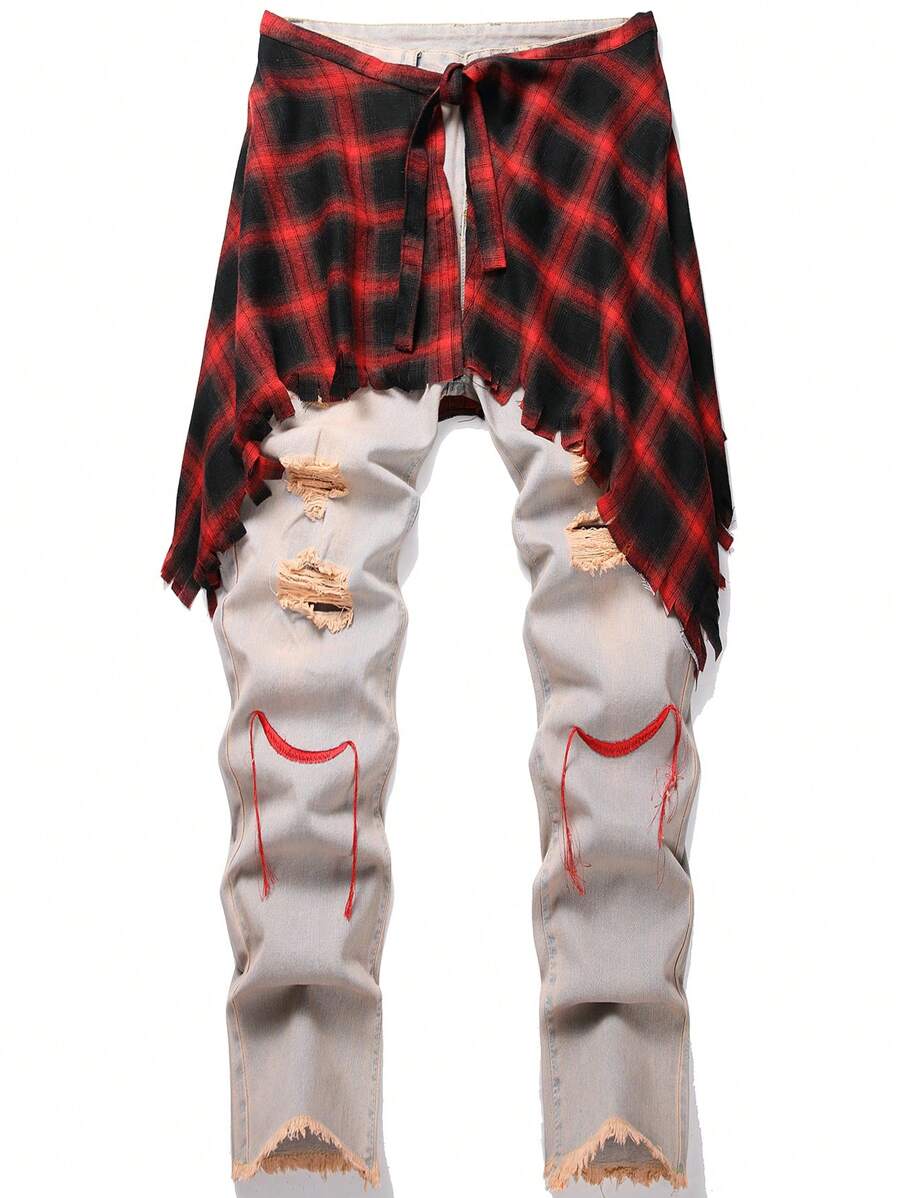 Men Embroidery Detail Ripped Frayed Jeans - Light Wash - View 1