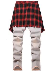 Men Embroidery Detail Ripped Frayed Jeans - Light Wash - View 2