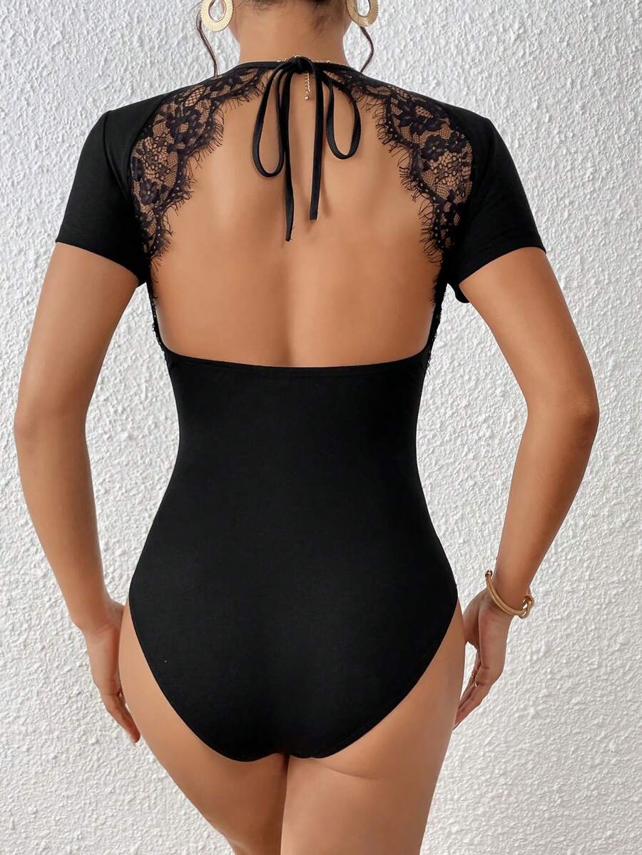 Firerie Contrast Lace Tie Backless Bodysuit - Black - View 1