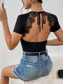 Firerie Contrast Lace Tie Backless Bodysuit - Black - View 6