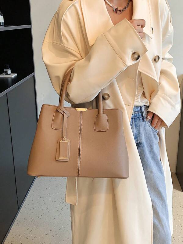 Large Capacity,Waterproof,Portable Fashion Style Tote Bag Double Handle Metal Decor With Bag Charm For Teen Girls Women College Students,White-Collar Workers Perfect For School,College,Work,Business,Commute,School Bag,For Teen Girls Women College Students,College,Middle School,High School,Outdoors,Travel,Outings,Work,Business,Commute,Holiday