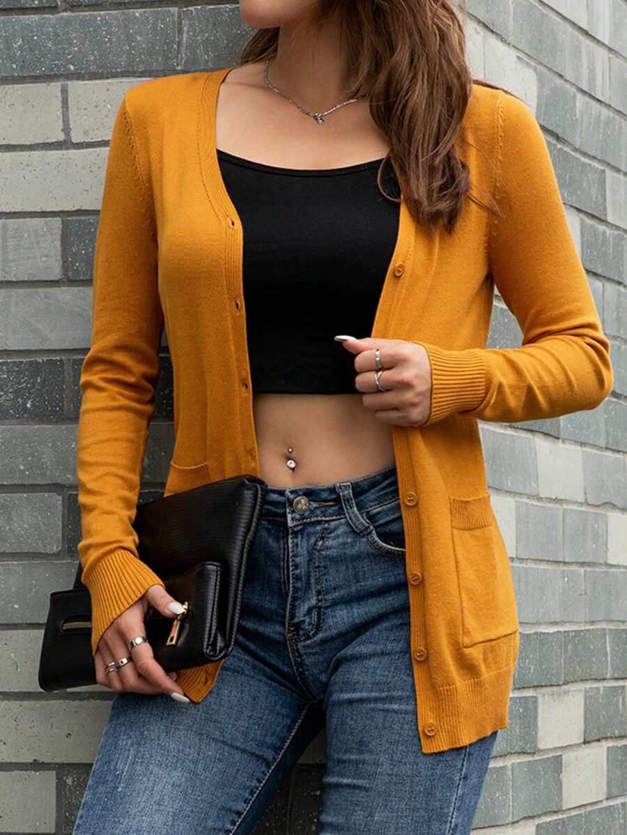 AAmilife Áo Cardigan hai túi cài nút phía trước, áo dài tay - Màu Mù tạt vàng - Xem 1